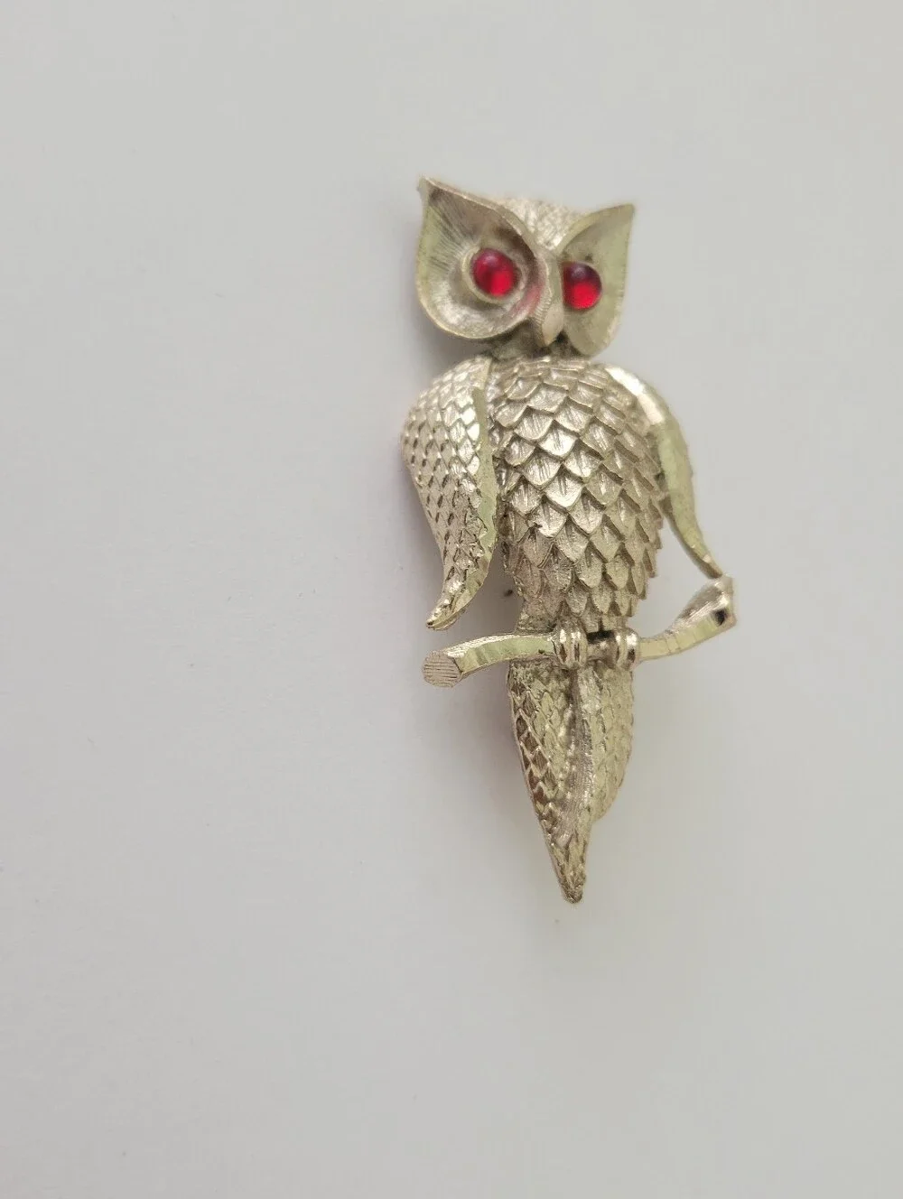 Vintage Signed BSK Gold-tone Owl Brooch W/ Red Glass Eyes